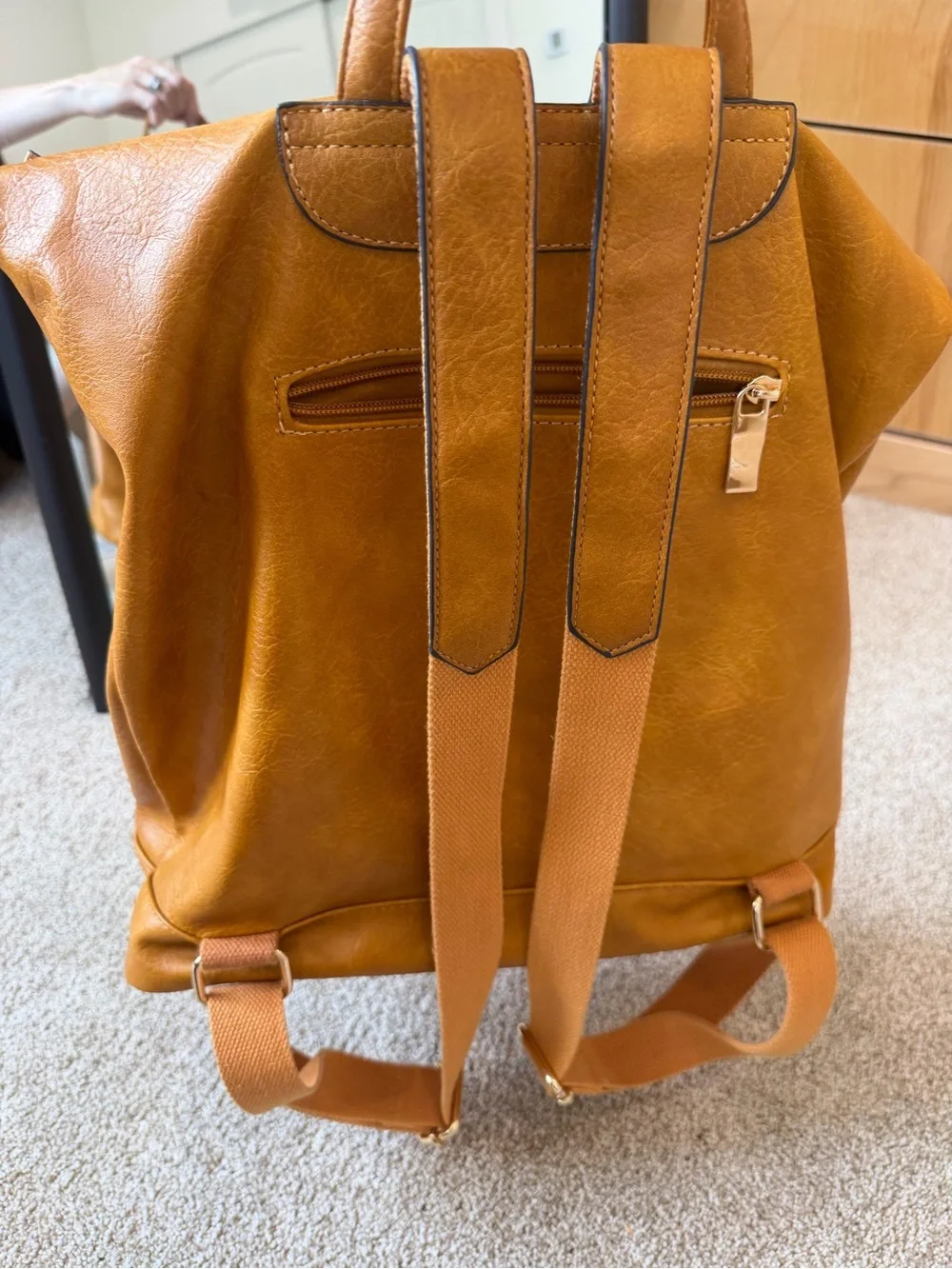 Camel Faux Leather Fold-Over Backpack/ Convertible Laptop Travel Bag.